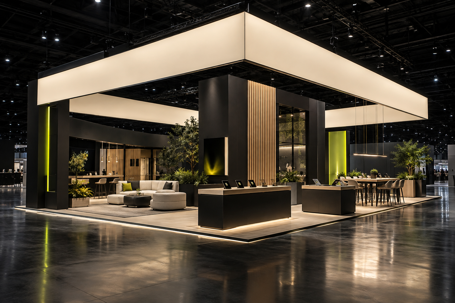 Exhibit design concept with a illuminated canopy, oak meeting area and lime-accented product counters